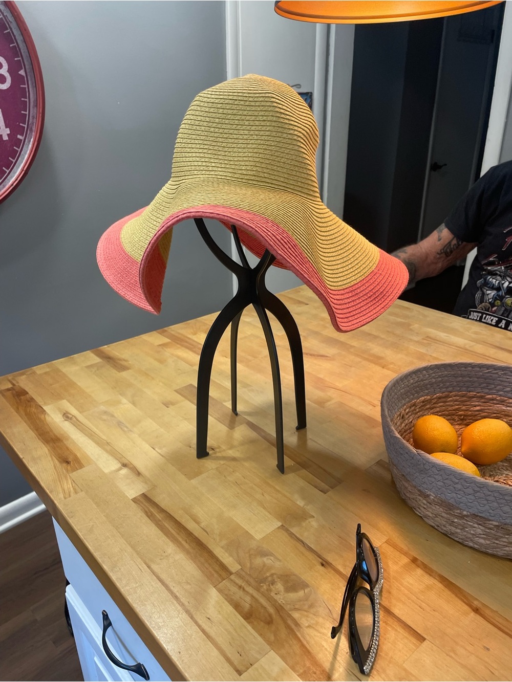 Womens Two-Tone Straw Sun Hat in Yellow and Coral